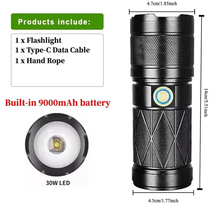 Lampe de poche laser aste de type C pour camping en plein air, lampe à main blanche, torche LED inju