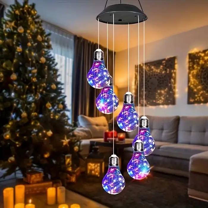 1 paquet de lumières colorées ampoule solaire carillons éoliens suspendus 6 pendentifs LED carillons