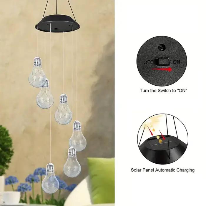 1 paquet de lumières colorées ampoule solaire carillons éoliens suspendus 6 pendentifs LED carillons