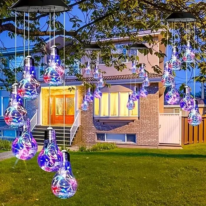 1 paquet de lumières colorées ampoule solaire carillons éoliens suspendus 6 pendentifs LED carillons