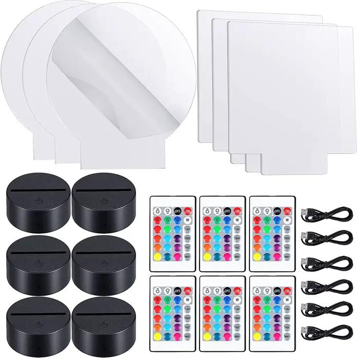 6 ensembles de lampes LED de nuit 3D, comprenant 6 supports d'affichage lumineux et feuilles acryliq