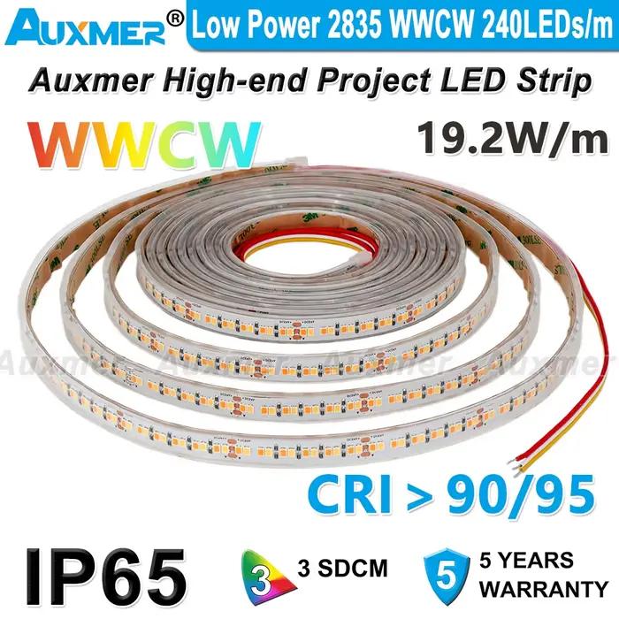 Bande Lumineuse LED WWCW à Faible Puissance, Étanche IP65, CCT 2835 Gible/m 240 W/m, CRI95/90 24V, R