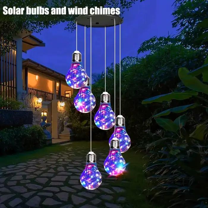 1 paquet de lumières colorées ampoule solaire carillons éoliens suspendus 6 pendentifs LED carillons