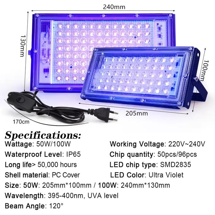 395nm 400nm Led UV projecteur 50W 100W LED lumière noire de scène 220V étanche Ultravilet lampe fluo