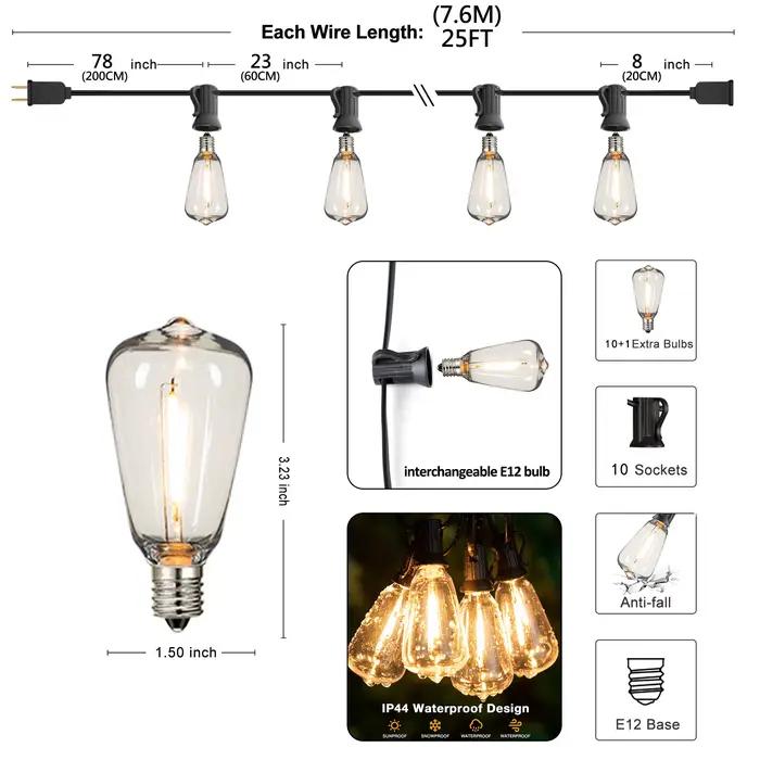 Guirlande de rue LED rétro 33 pieds ST38 EU 7.6M 10M 15M 20M, guirlande lumineuse LED connectable IP