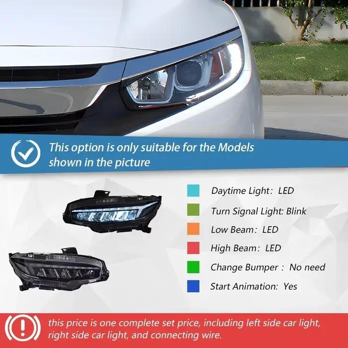 Feux avant de voiture pour Honda Civic X 10Th 2016 – 2021, ensemble de lentilles de phares automobil