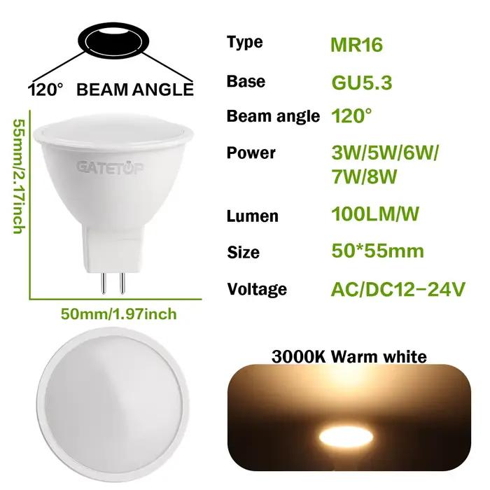 Projecteur LED MR16 GU5.3 12V/24V AC/DC, puissance 3W-8W 38, 1 à 20 pièces ° 120 °   Lampe de rempla