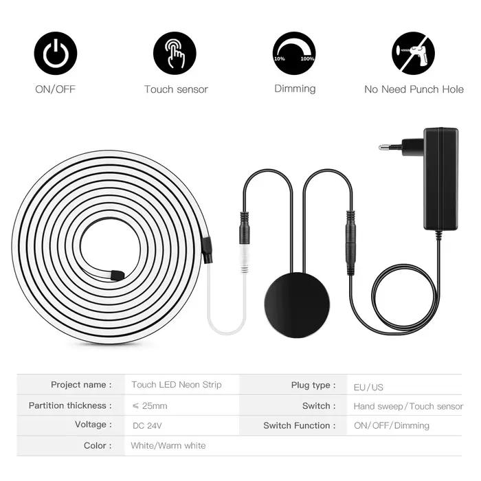 Bande lumineuse LED néon à tube noir, lampe à ruban COB en silicone flexible, contrôle tactile, lumière à intensité variable pour la décoration intérieure, la chambre, 24V