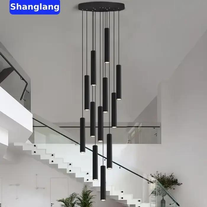 Lustre de plafond LED moderne pour escalier, noir, style nordique, simple, luminaire d'intérieur, nouveau design créatif, lampe longue suspendue pour îlot