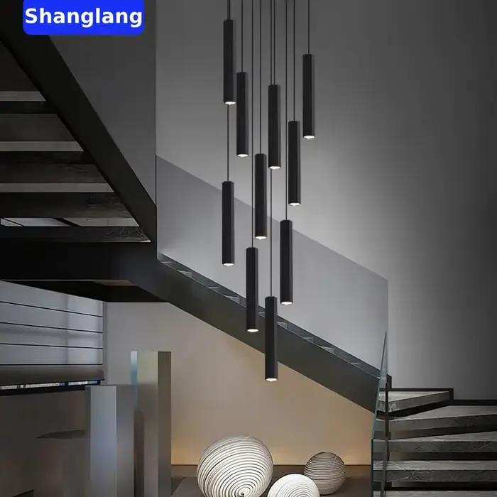 Lustre de plafond LED moderne pour escalier, noir, style nordique, simple, luminaire d'intérieur, nouveau design créatif, lampe longue suspendue pour îlot