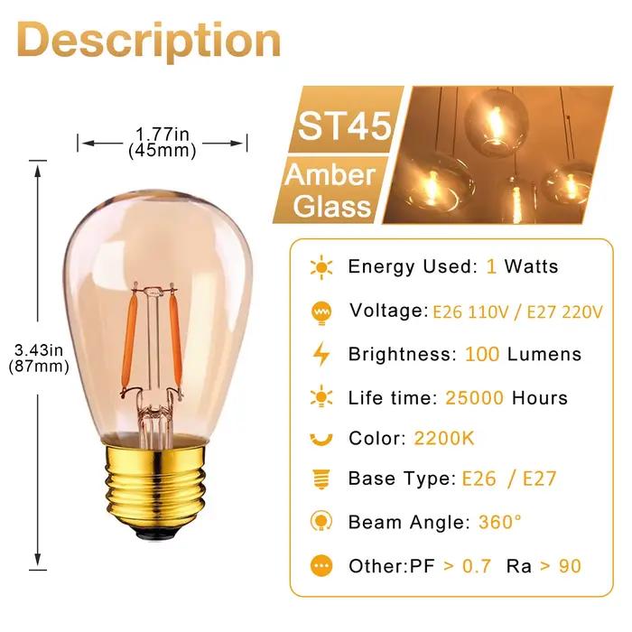 Ampoule LED Edison Vintage S14 1W E27 ampoules ambre blanc chaud 10W à incandescence équivalente pour guirlande suspension décoration