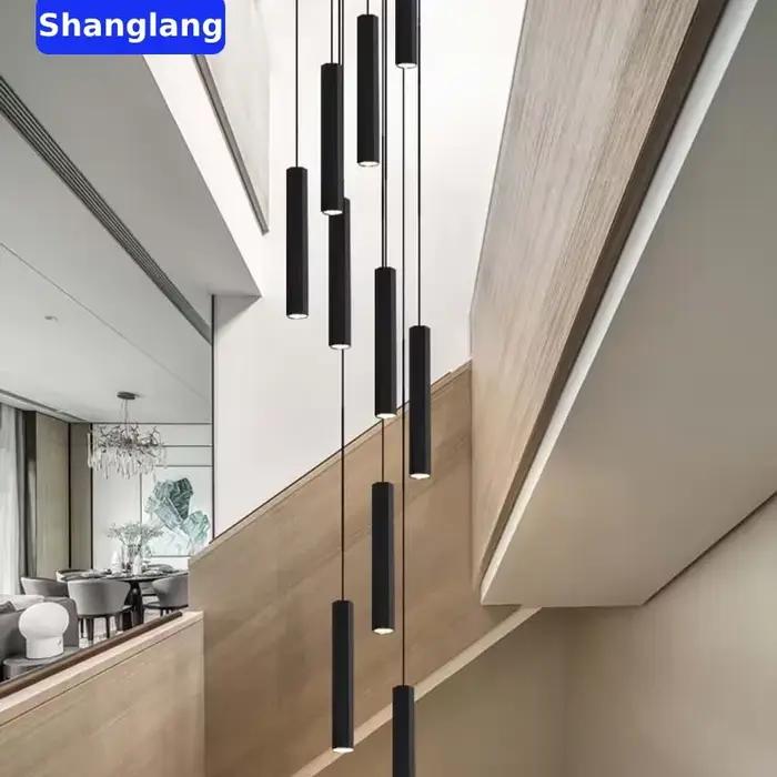 Lustre de plafond LED moderne pour escalier, noir, style nordique, simple, luminaire d'intérieur, nouveau design créatif, lampe longue suspendue pour îlot