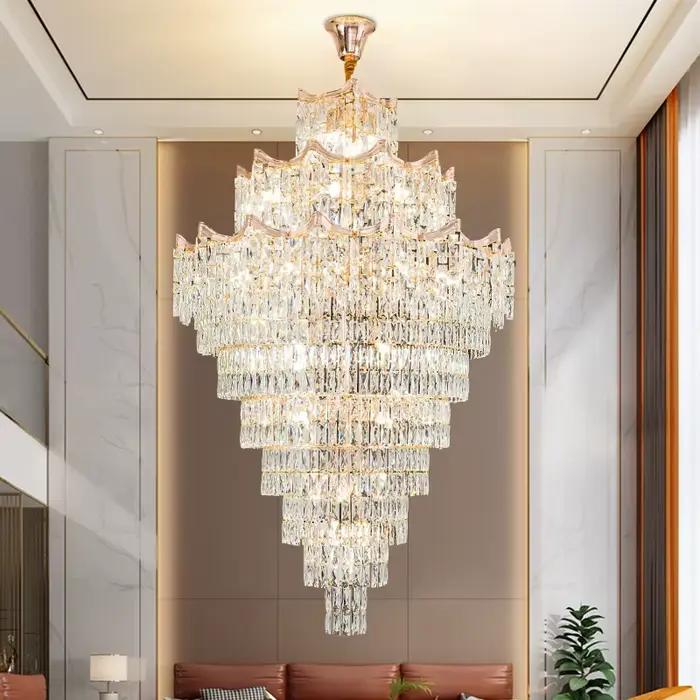 Lustre Duplex 2025 Nouveau Modèle Tendance Luxe Moderne Lampe de Hall en Cristal pour Villa et Salon à Plafond Haut