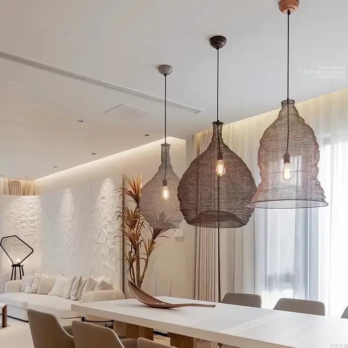 Wabi Sabi fer suspension pour Table de cuisine île salle à manger chambre tissé treillis métallique Art lustre LED décor lampe suspendue