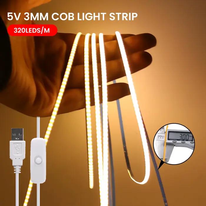 Bande LED COB ultra-fine de 3 mm, USB 5V, 320 LED/m, ruban lumineux linéaire flexible pour la cuisine, la décoration de la salle, la rétroéclairage de la télévision, du miroir