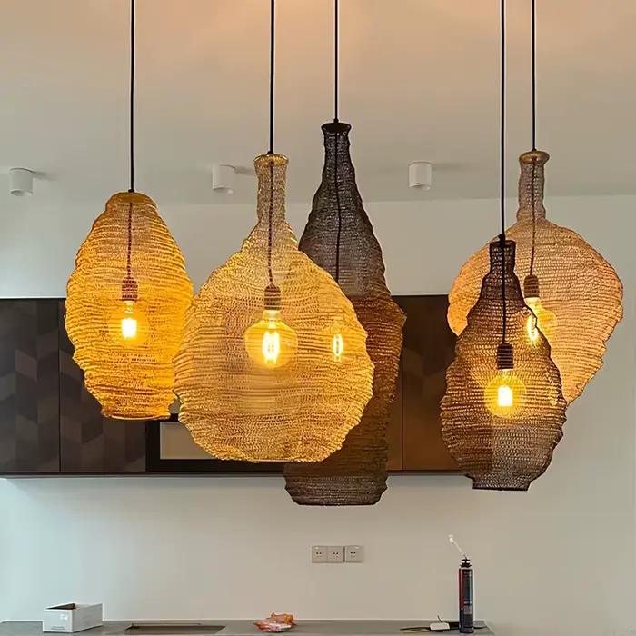 Wabi Sabi fer suspension pour Table de cuisine île salle à manger chambre tissé treillis métallique Art lustre LED décor lampe suspendue