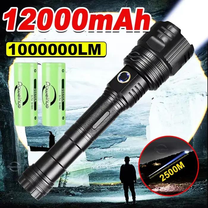 Nouveau Lampes de poche Laser blanches 12000mAh 1000000 LM lampe de poche Ultra puissante Zoom USB lanterne Rechargeable torche de Camping en plein air
