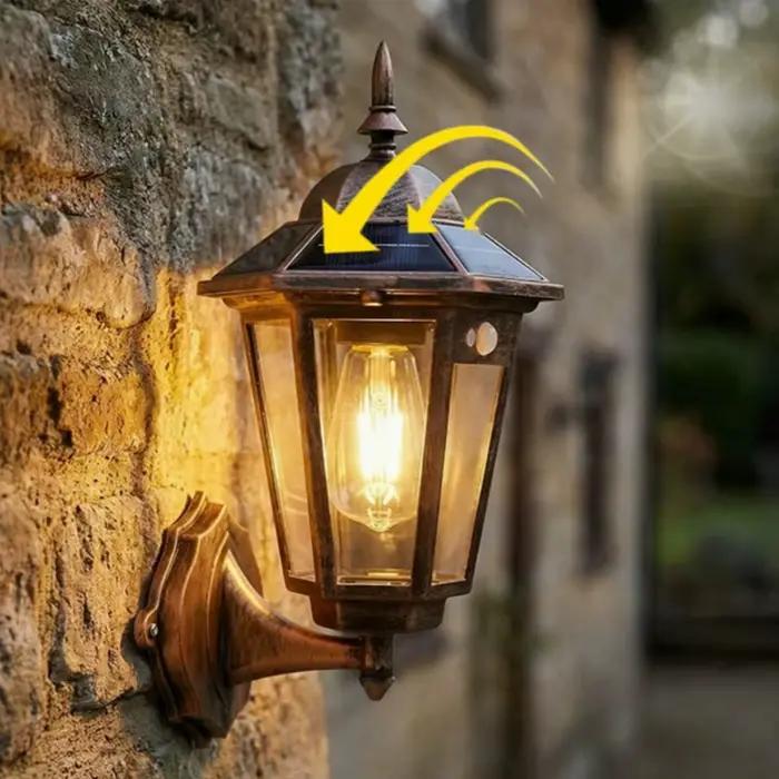 Lampe murale solaire de style européen rétro E27, pour cour, jardin, extérieur, 3 modes, induction humaine, éclairage extérieur, balcon, véranda