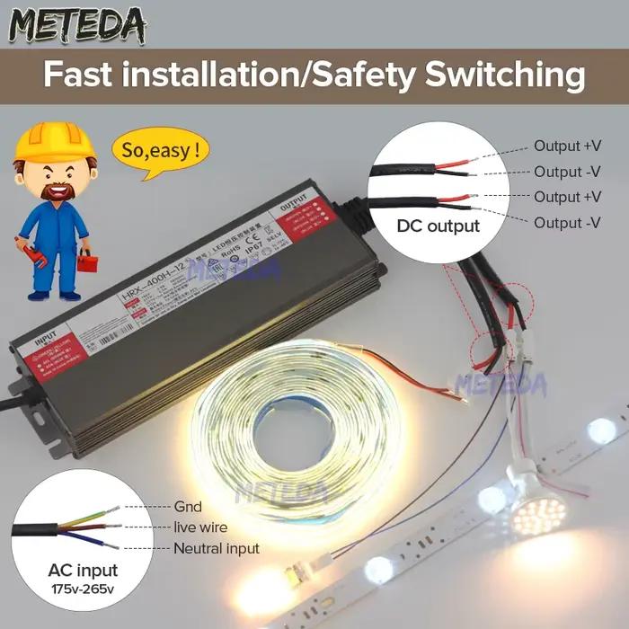 Transformateurs d'éclairage étanches 12V 24V pour éclairage LED 36W 150W 200W 600W IP67 Waterproof Outdoor Power Supply Occasions Spéciales
