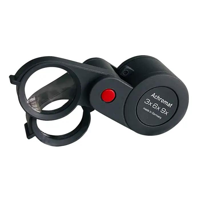 Eschenbach Loupe pliante allemande 3 en 1, lentille triple achromatique de 23 mm, grossissement 3x/6x/9x, loupe de poche pour bijoutiers
