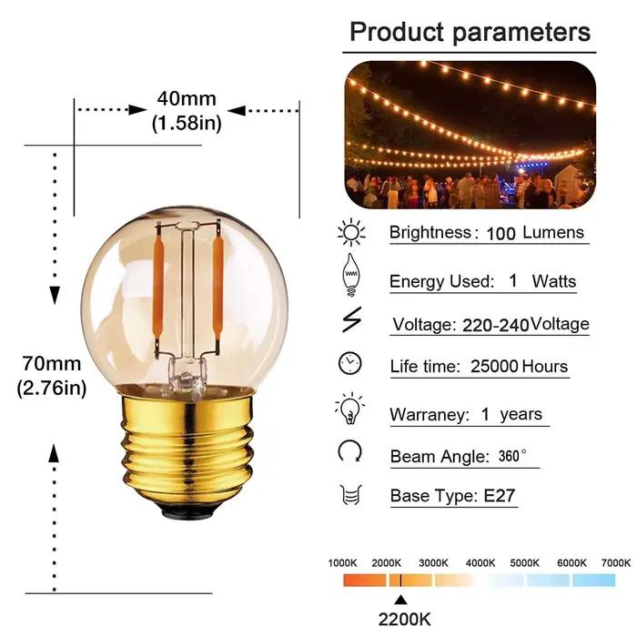 GANRILAND Lot de 15 Ampoule LED E27 1W G40 Globe Clair Ambre  Blanc chaud 2200K Lamp 360 degrés 220V-240V Équivalent Incandescence 10W Dimmable pour G40 Extérieur Chaîne Guirlande Lumineuse [Classe én