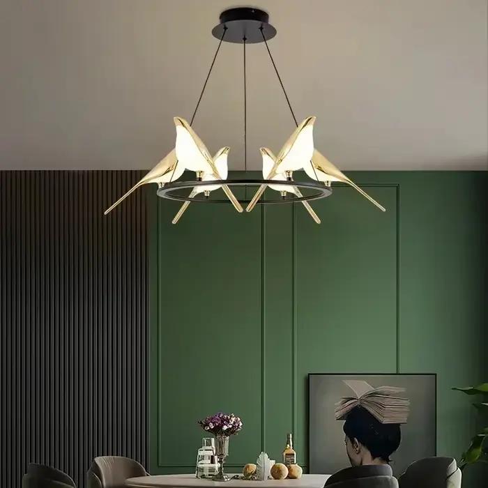 Nordique créatif doré pie oiseau plafond LED lustre moderne Restaurant