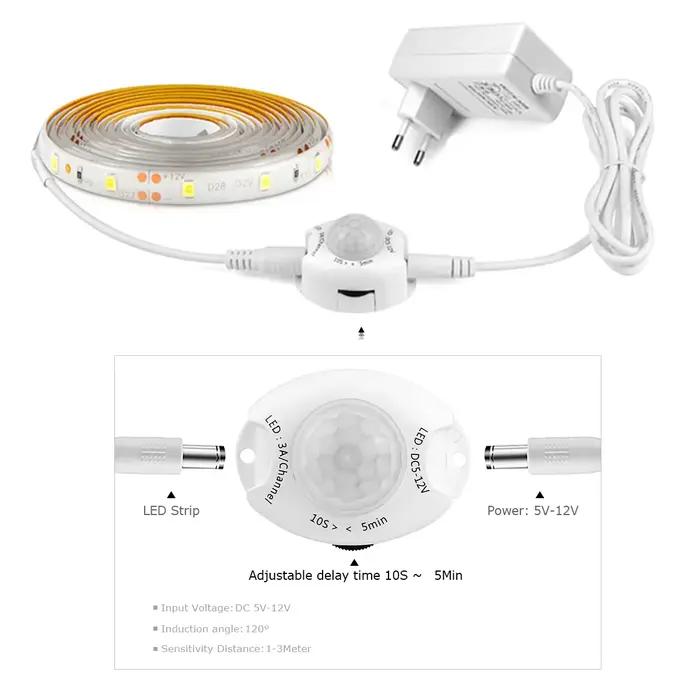 Placard lumineux LED 1M-5M avec capteur de mouvement PIR veilleuse 12V 2835 bande LED pour cuisine chambre salle de bain