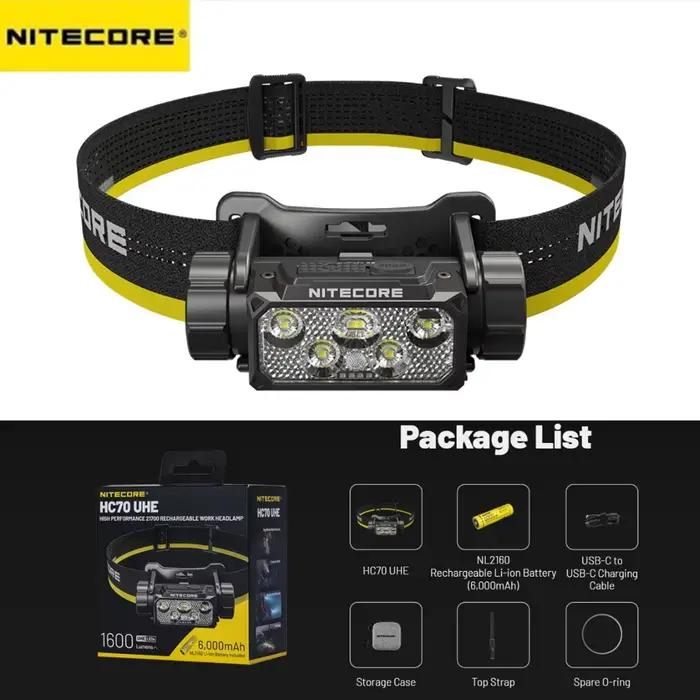 Lampe frontale NITECORE HC70 UHE, 6 LED, 1600LM, lumière blanche et rouge, haute performance, rechargeable par USB-C, lampe frontale de travail avec batterie intégrée