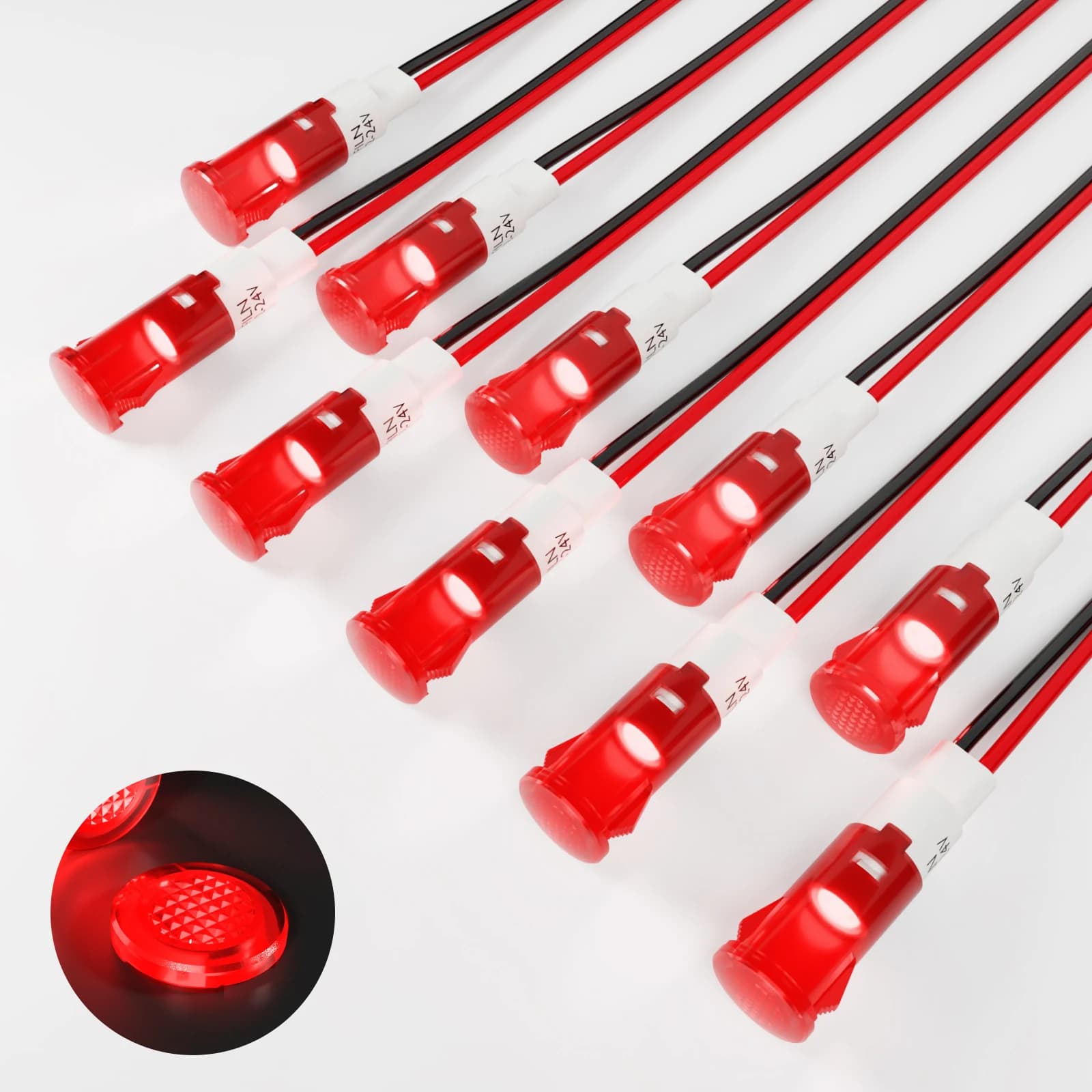 Lot de 10 voyants LED 10 mm 12V 24V, boîtier métallique, pré-câblés 18AWG pour tableau de bord de vo
