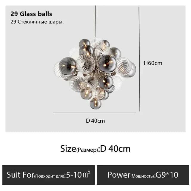Lustre boule de verre gris fumé de luxe, suspension nordique en forme de grappe pour salon, chambre