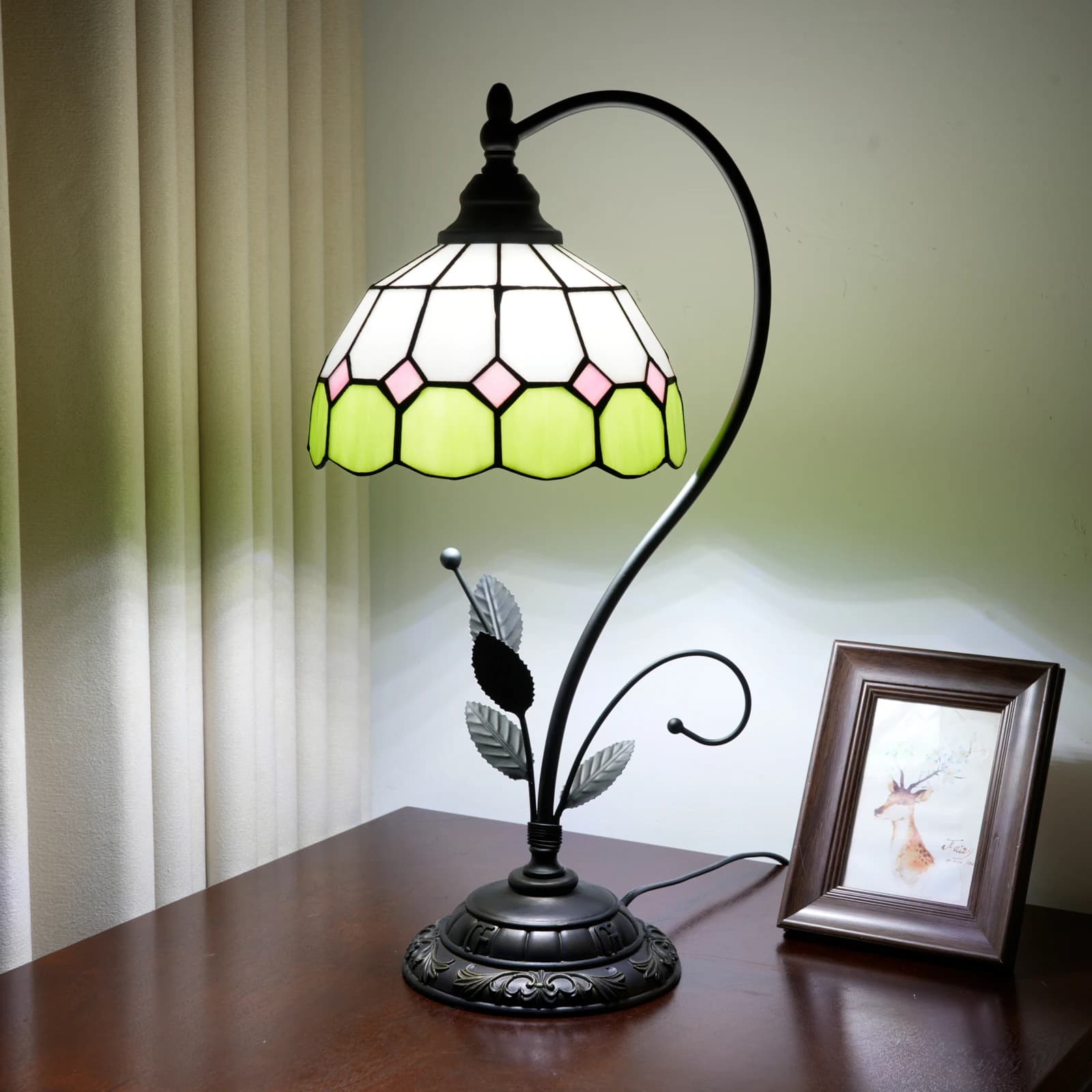 Lampe de table de style baroque, lampe en verre coloré floral, feuilles S, lampe de bureau vintage p