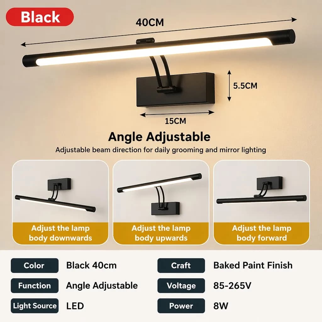 Lampe murale LED moderne minimaliste en métal noir réglable pour salle de bain, décoration de vanité