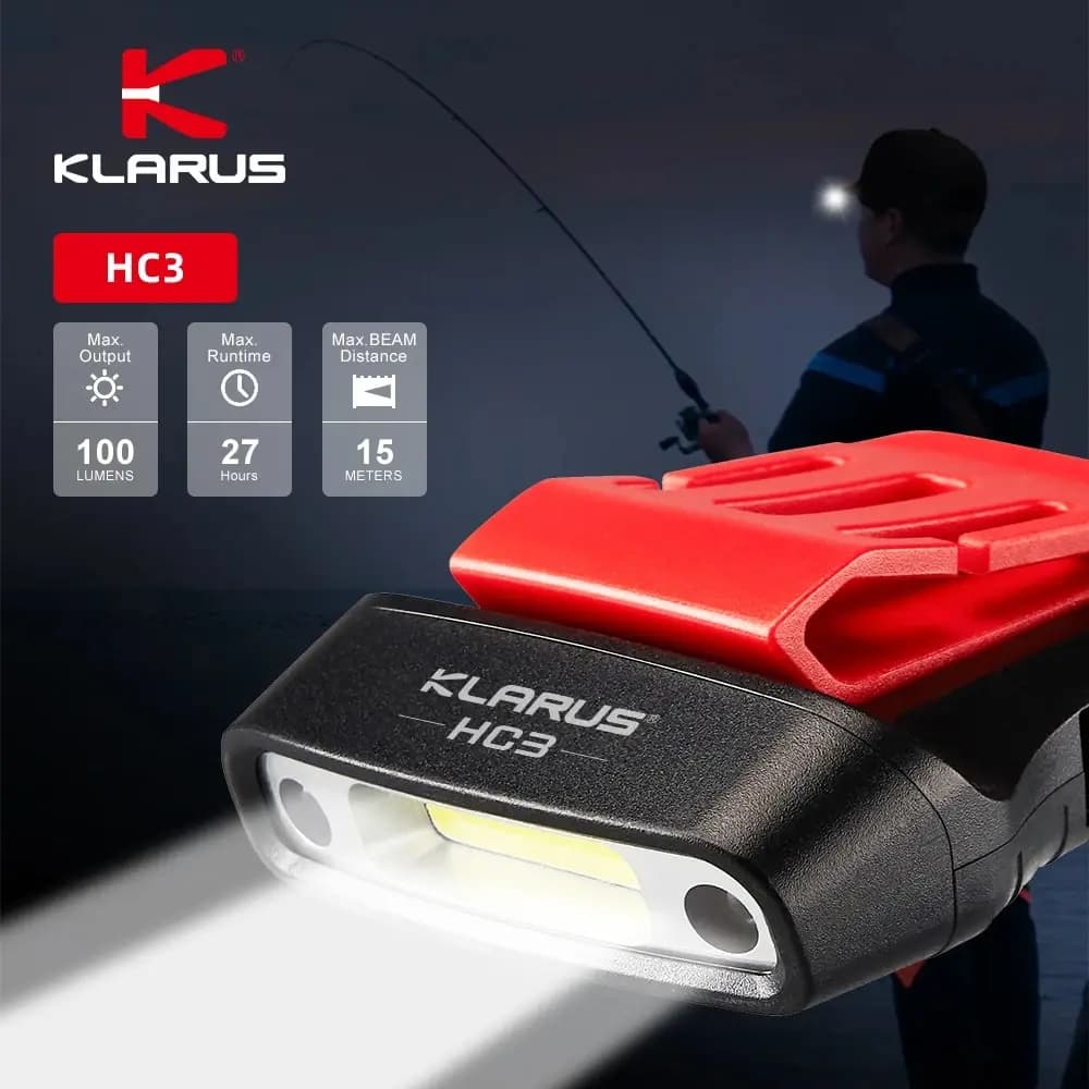 Klarus HC3 Rechargeable COB phare USB tête lampe de poche 100lm pince sur chapeau lumière capteur de