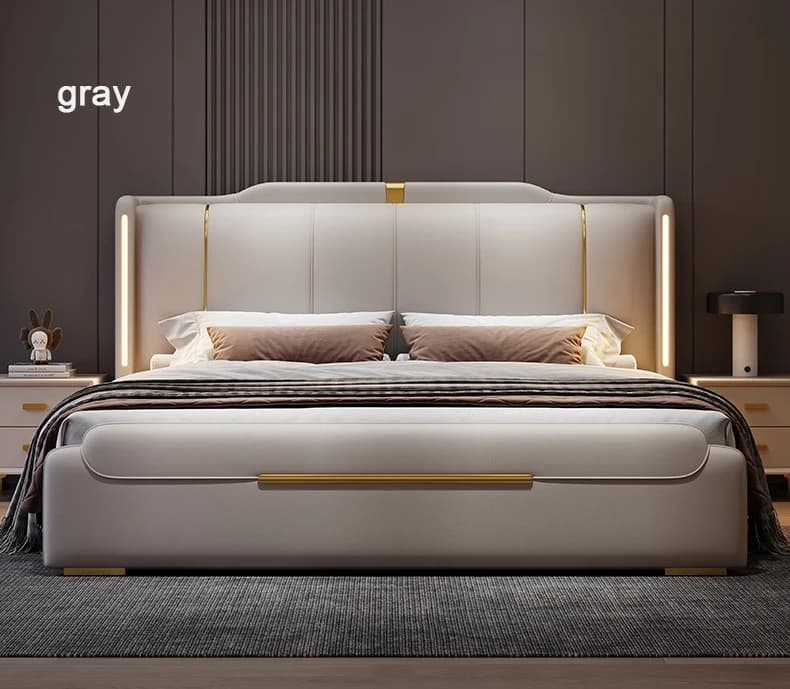 SAT. Lit double moderne de luxe en cuir souple avec cadre en bois massif et rangement pour la maison