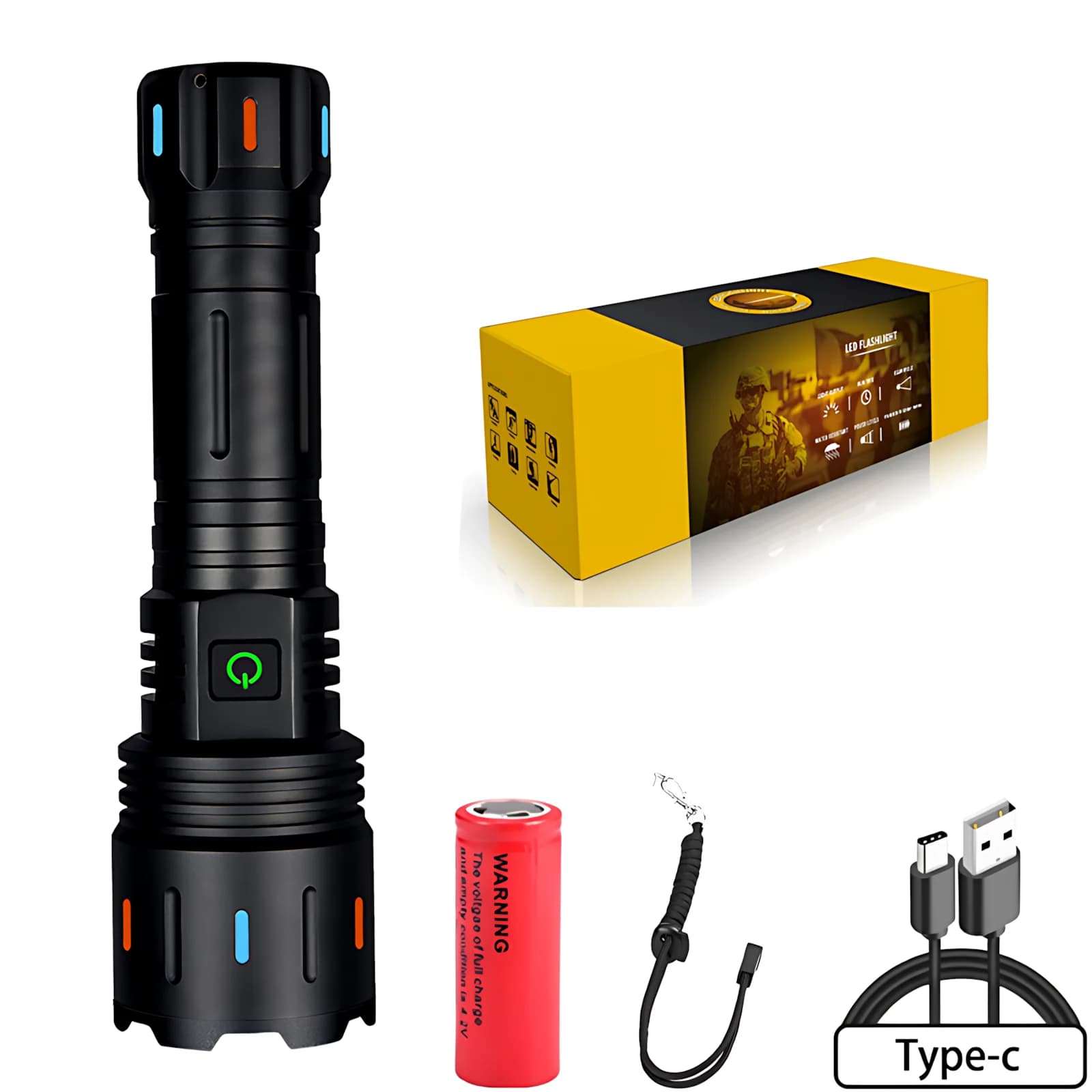 Lampe Torche Tactique Laser Blanc 2000 Lumens, 30W, Portée 1500m, 5 Modes + Zoom, IPX6 Étanche, Rech