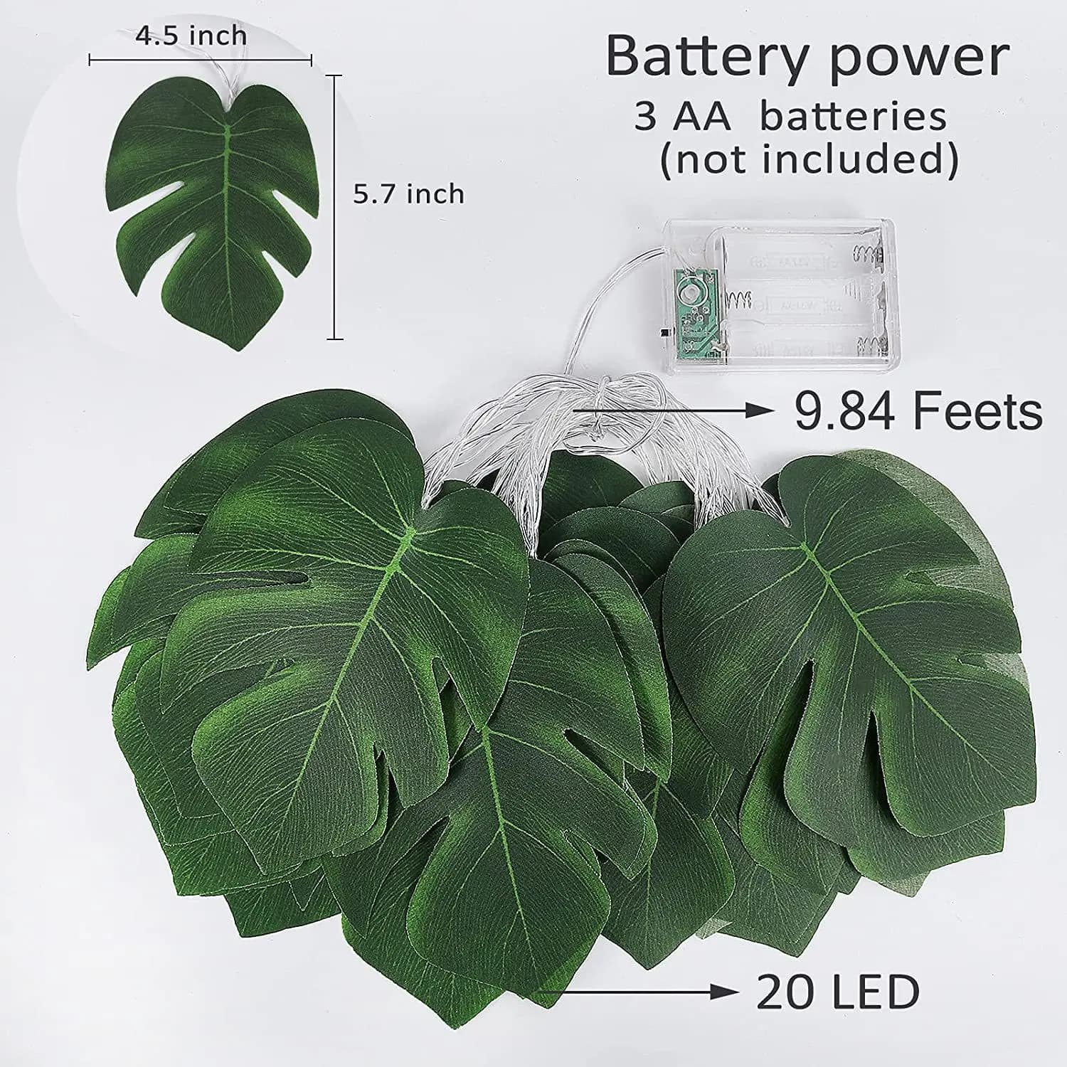 Guirlande lumineuse à feuilles de Monstera, feuilles vertes de palmier artificielles tropicales susp