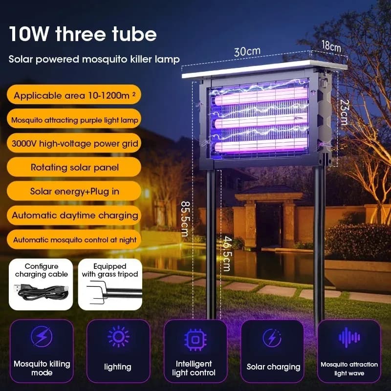 Lampe solaire anti-moustiques 20W, avec lumière 395nm UV + maille de carbone, étanche IPX5, 6000mah,
