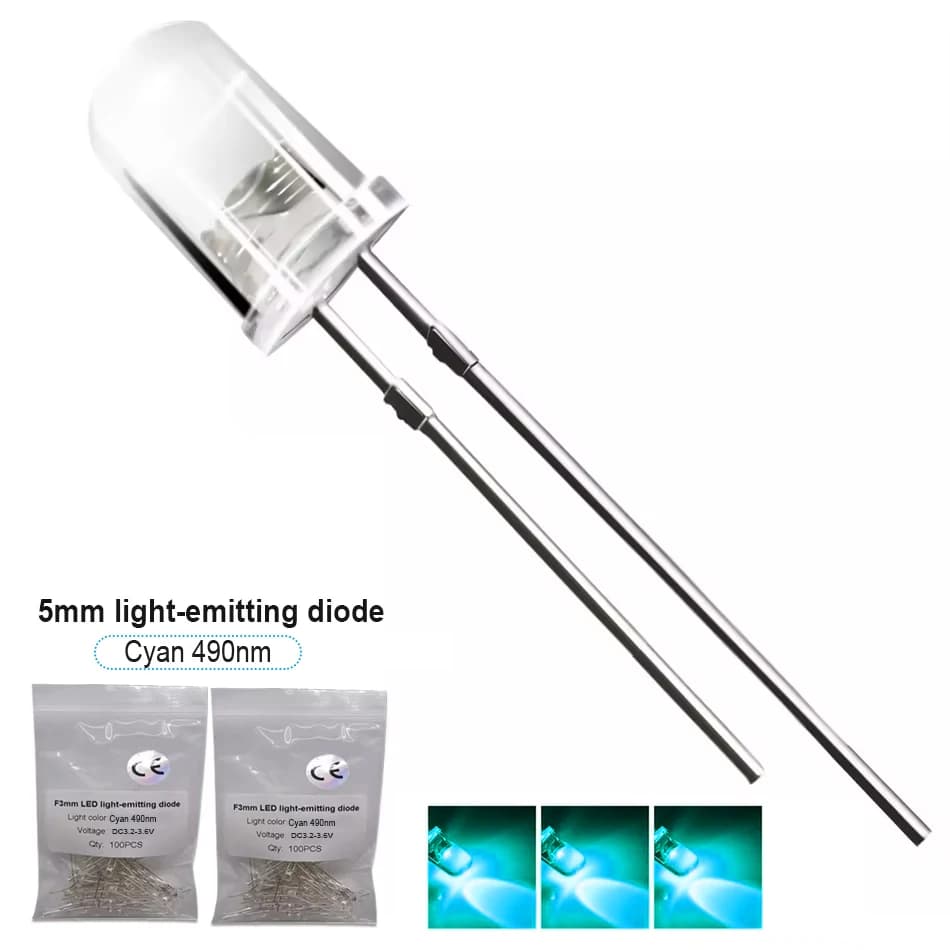 10-100pcs 5mm Cyan 490nm LED diode électroluminescente haute DC3.2-3.4V Shoous 20mA pour feux de cir