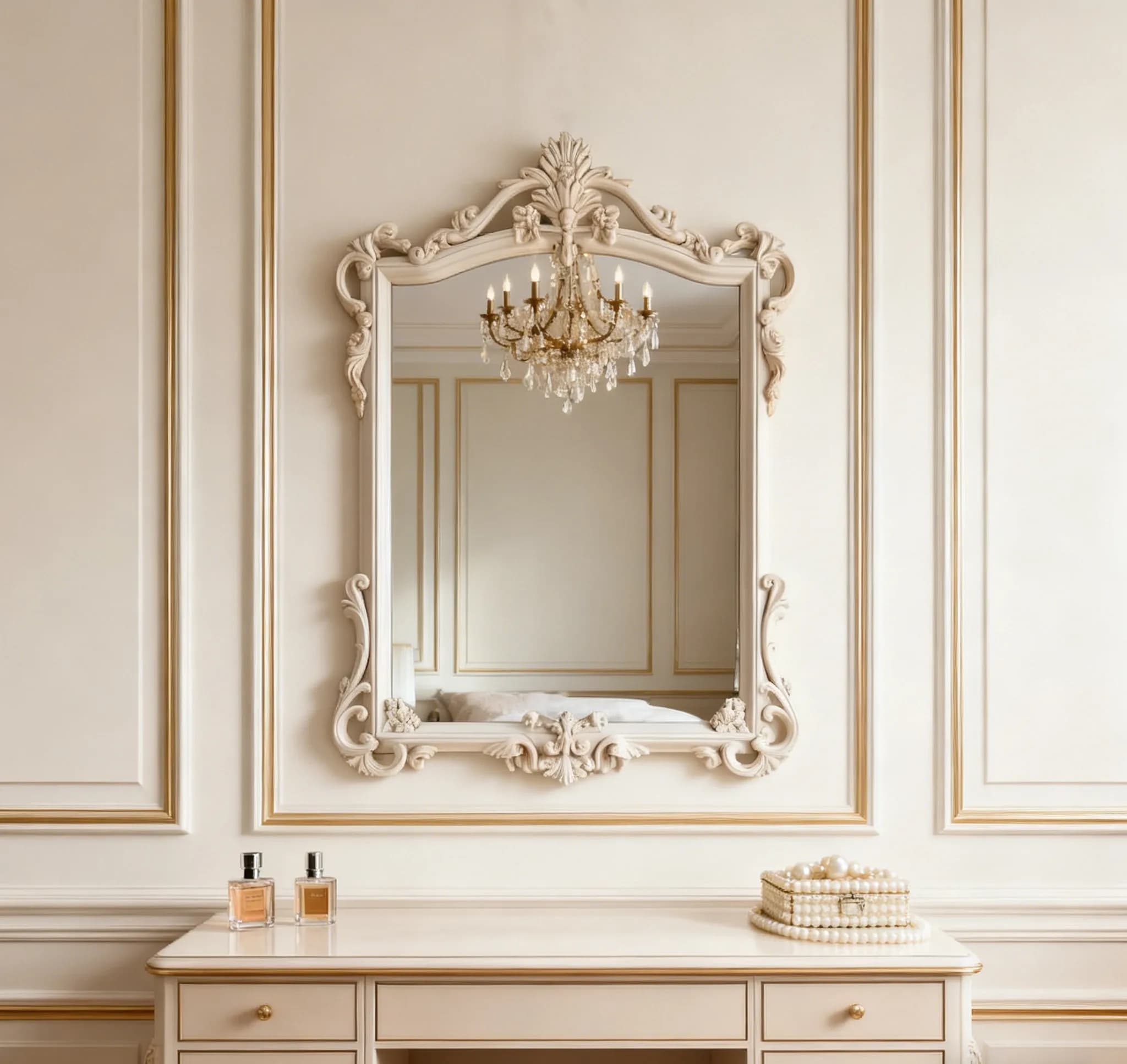 Miroir de salle de bain LED lumineux, irrégulier, mural, intelligent, en bois baroque orné, style vi
