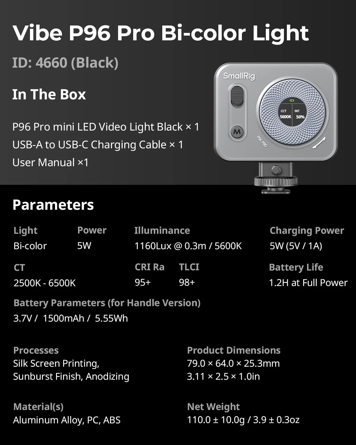SmallRig-Mini lampe vidéo LED Vibe P96 Pro pour appareil photo, lumière pour photographie CRI95 + 25