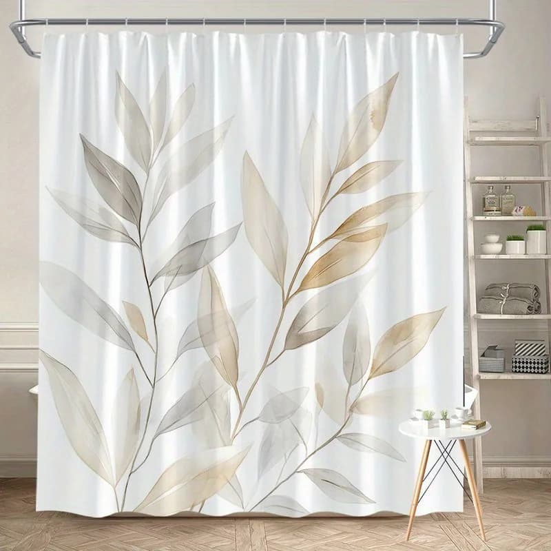 Rideau de douche à 1 feuilles délicates, illustration numérique aquarelle avec feuilles allongées en
