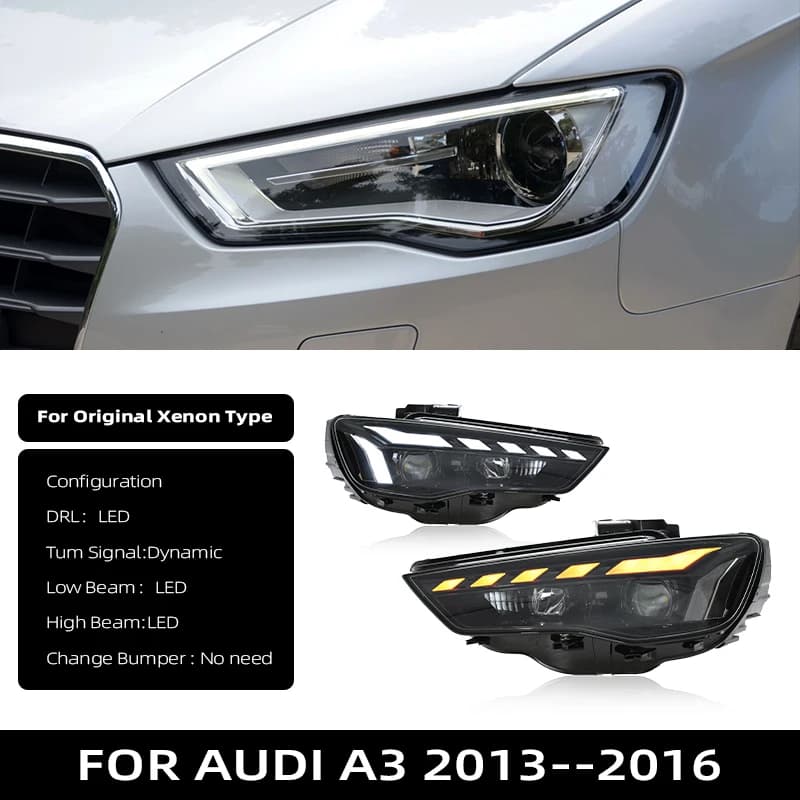 Ensemble de phares pour Audi A3 2013-2016, berline et Sportback, phares LED DRL, clignotants dynamiq