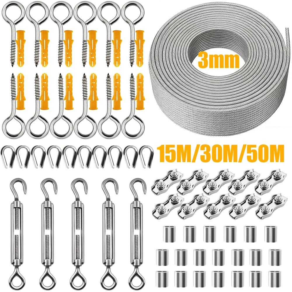 Câble en acier inoxydable de 3 mm avec revêtement en PVC, kit de suspension de 15/30/50 m pour clôtu
