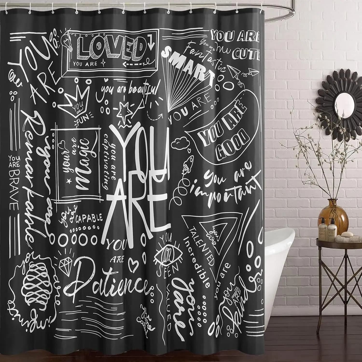 Rideau de douche noir et blanc, Art déco inspirant, rideau de douche amusant pour salle de bain avec