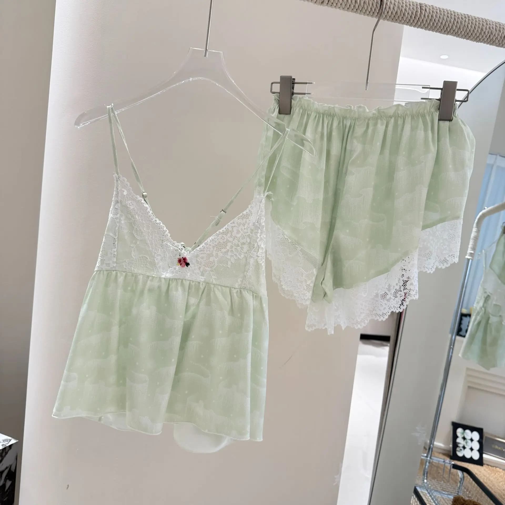 Ensemble pyjama imprimé à bretelles pour jeunes filles, vêtements de nuit, Sexy, bretelles en dentel