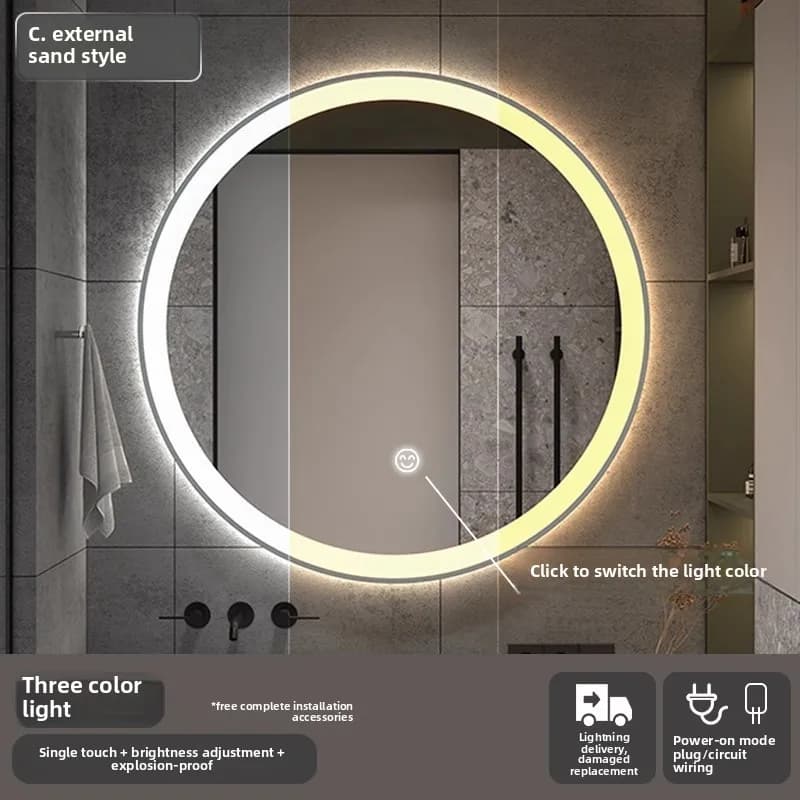 Miroir de maquillage de salle de bains, sans poinçonnage, suspension murale, diamètre 50CM, lumière 