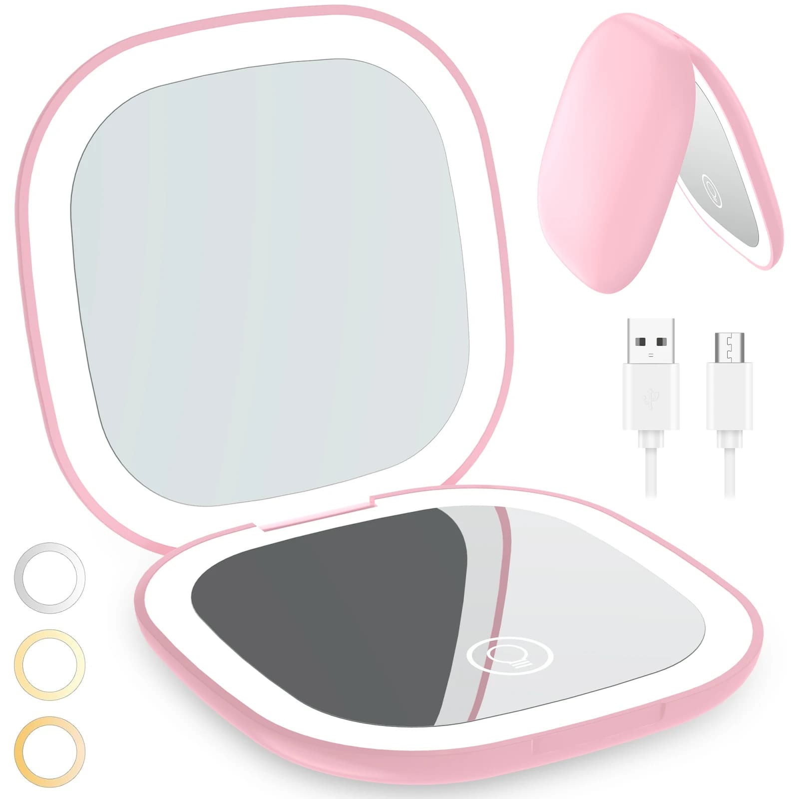Miroir de maquillage compact LED 90 mm, à intensité réglable, double face, grossissement 1X/10X, mir
