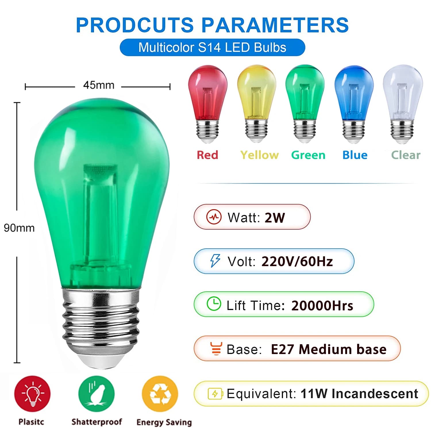 Ganliland – ampoules LED colorées E27 S14 220V 2W, lampe en plastique blanc chaud 2700K, rvb, pour d