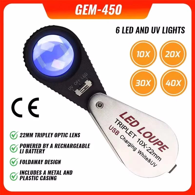 Loupe éclairée 10X - 40X Loupe LED Loupe Loupe bijoux triple verre optique 6UV Charge USB