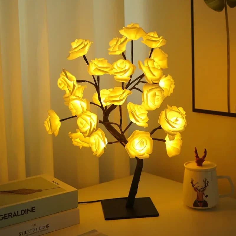 Lampe de Table en Forme d'Arbre à Fleurs Dégradées, 24 LED, Veilleuse en Cuir oral elu Érable et Ros